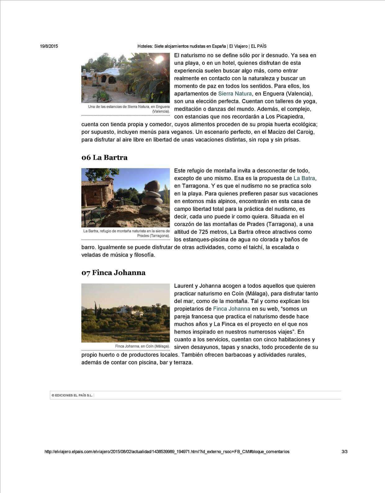 Article en Espagnol du journal El Pais - 7 hébergements naturistes, août 2015 - p3