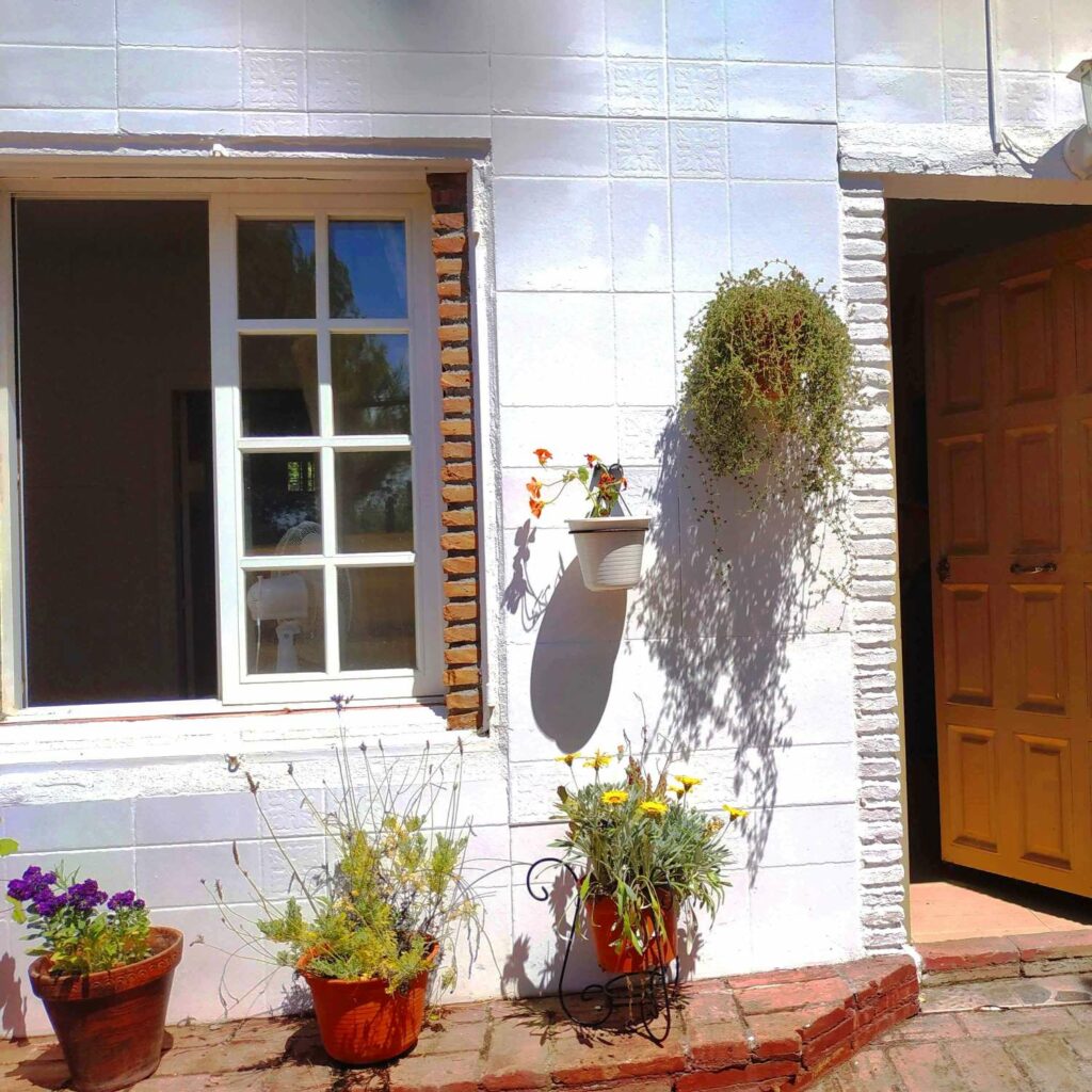 Fassade eines weißen andalusischen Hauses mit Pflanzen und einer offenen Tür