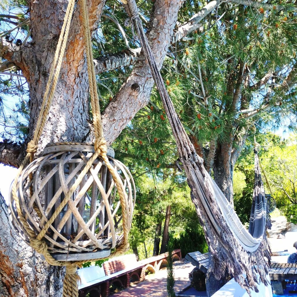 On an Andalusian terrace, a green basket filled with figs and grapes next to a hanging chair.