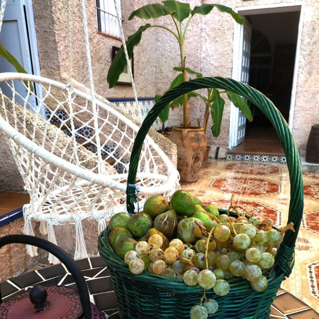 En una terraza andaluza, una cesta verde llena de higos y uvas junto a una silla colgante.